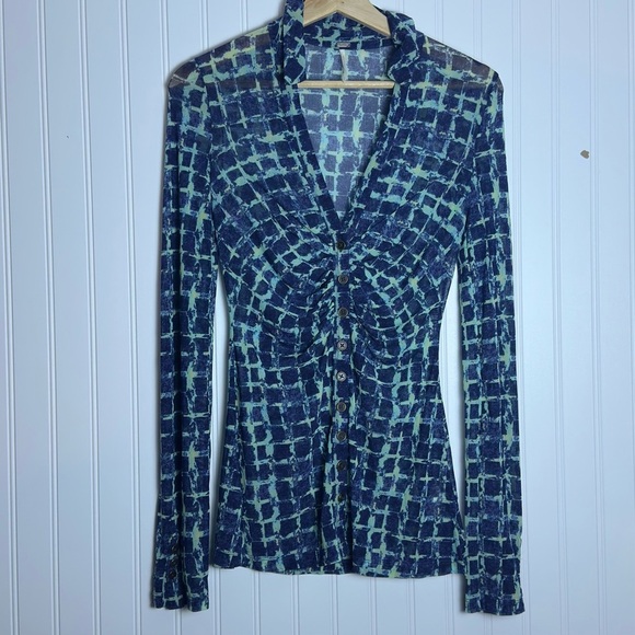 FP Free People Lucky Shirtee Printed Electric Blue XS Bohemian Retro Bottom Down - Picture 1 of 8